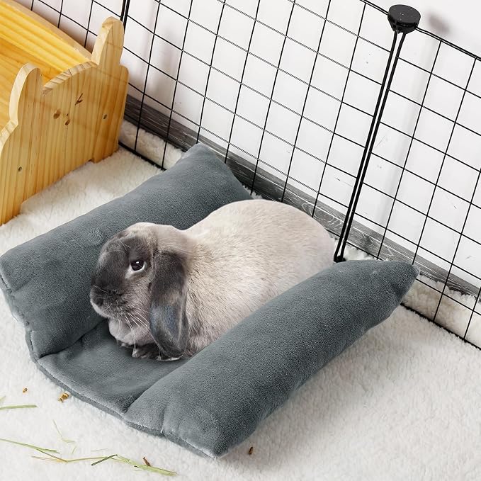 MEWTOGO 14" x 13" Bunny Bed for Rabbit Cage, Thickened & Soft | Prevent Sore Hocks Plush Mat with Cotton Lounger Pillows, Small Animal Flop Mat for Hutch Sleeping Indoor, Gray