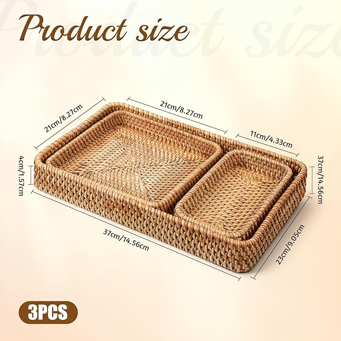 Rattan Serving Tray, 3 Pcs Rectangular Wicker Tray Set Natural Decorative Woven Trays for Fruit, Water Cups, Teacups, Snacks, Candy, Dried Fruit, Bread, Desserts (3 Sizes)
