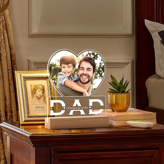 Personalized Dad Gifts for Dad from Daughter Son, Custom Picture Frames with Photo, Customized Photo Frame with Night Light, Personalized Christmas Birthday Gifts for Dad Baby Kid Family