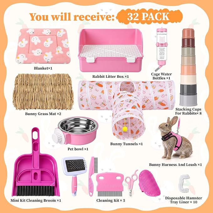 34 Pcs Rabbit Starter Kit Rabbit Litter Box Small Animal Water Bottle Cups Bunny Tunnels Animal Grooming Kit Bowl Blanket with Cleaning Set for Guinea Pig Bunny(Style 3,Sakura Pink)
