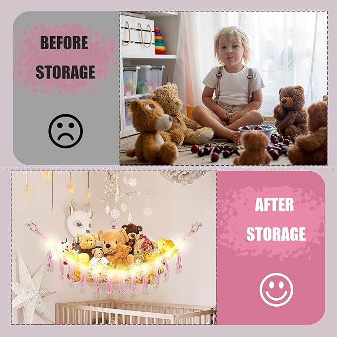 CERETIA Stuffed Animal Hammock with LED Light, Large Stuffed Animals Storage Corner Plushie Net for Kids Room Decor, Pink