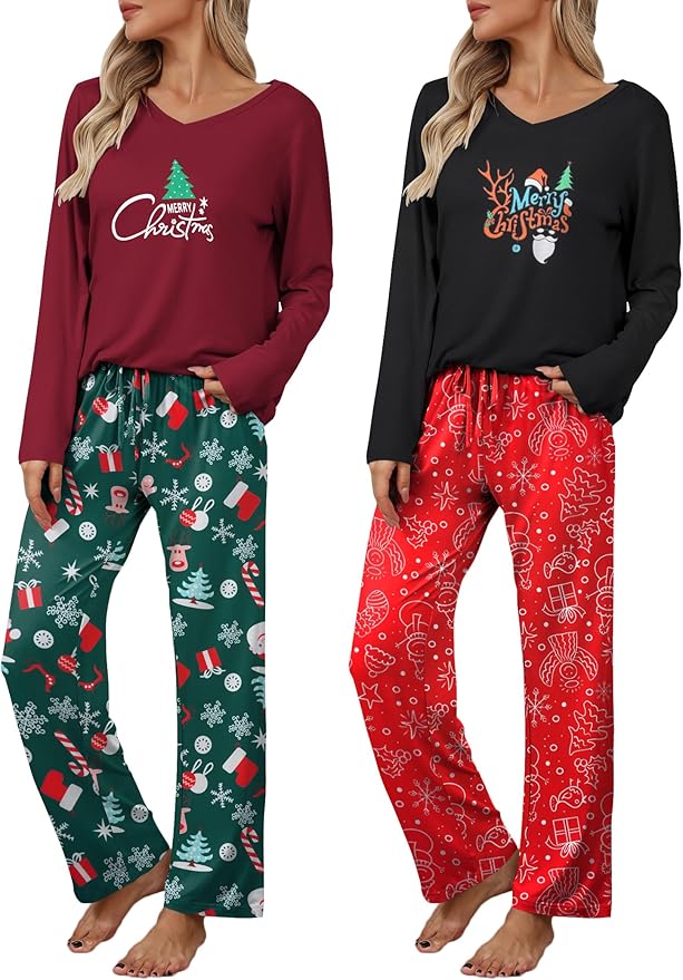 Ekouaer Womens 2 Pack Pajama Set Long Sleeve Pajamas Top and Pants V Neck Pjs Set Soft Loungewear with Pockets