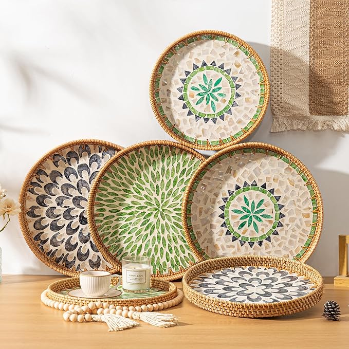 14 inch Round Rattan Tray Home Decor with Wood Bead Garland, Wicker Serving Tray with Mother of Pearl Inlay, Boho Decorative Tray for Coffee Table, Display, Ottoman, Kitchen Table, Bathroom (Green)