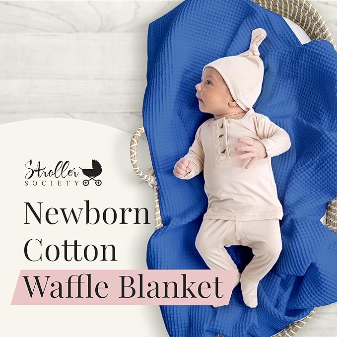 Stroller Society - Swaddles for Newborns & Toddlers, Soft Receiving Blankets Girl & Boy Can Use, Comfy Toddler Blanket & Newborn Swaddle, Cotton Waffle Blanket, Classic Blue, 40 x 40 inches
