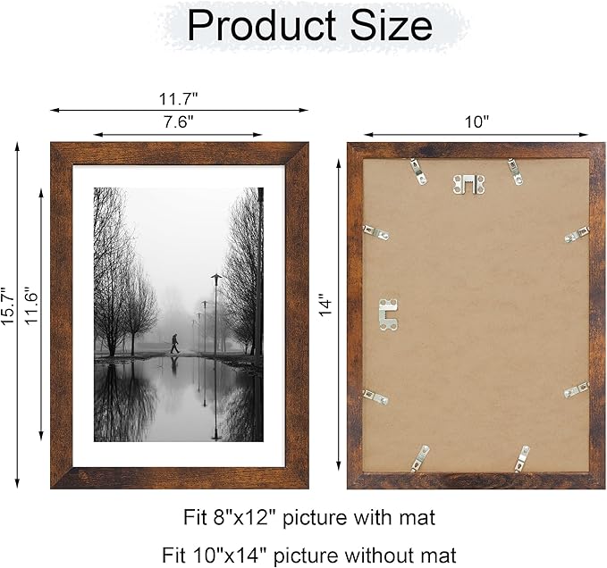 iRahmen 10x14 Picture Frame Set of 4 with Tempered Glass, Rustic Frame Display 8x12 Pictures with Mat or 10 x 14 Without Mat, Wooden Photo Frames for Wall Mounting