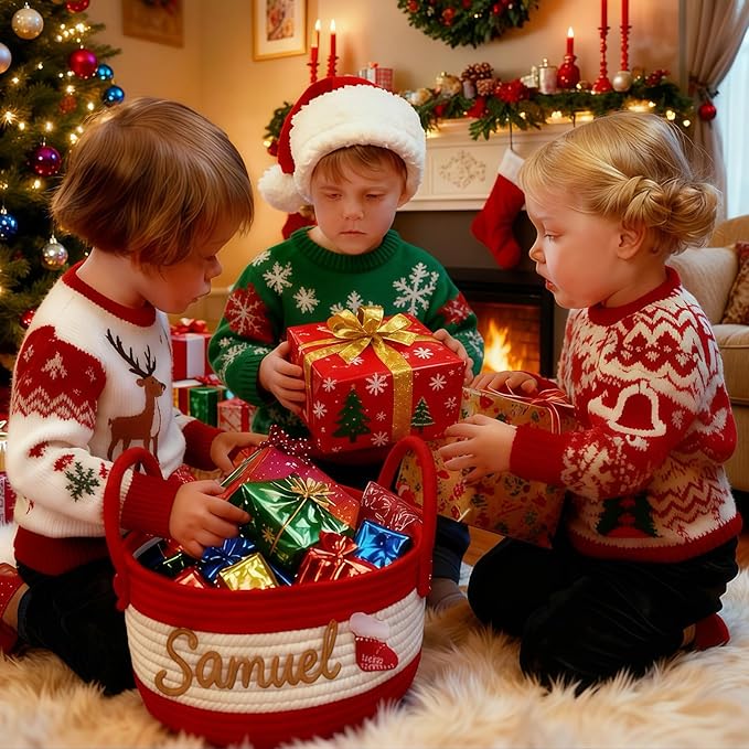 Personalized Christmas Knit Basket Custom Baby Gift Basket with Name Cotton Rope Storage Organizer Gift for Newborn Girls Boys