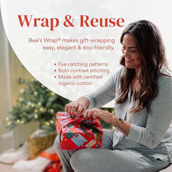 Bee's Wrap Furoshiki Reusable Cotton Fabric Wrapping Paper - Seasons Greetings Pack of 4 Gift Wraps - Gift Wrapping Supplies - Eco Friendly Alternative to Bags and Paper Rolls