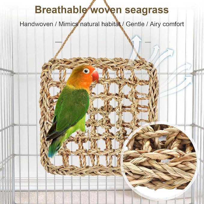 2 Pack Natural Sea Grass Parrot Mat, Bird Hammock Woven Climbing Net | DIY Bird Foraging Wall Hanging Play Pad, Bird Cage Accessories for Lovebirds, Cockatoos, Budgies, Conures & Pigeons