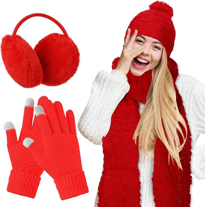 JenPen 4 Pcs Winter Hat Scarf and Gloves Set for Women Include Ear Cover Cold Weather Scarf Hat Knit Beanie Gloves
