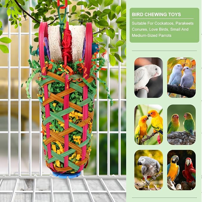 Kyouki Parakeets Toys, 2 PCS Bird Chewing Toys – Perfect for Cockatoos, Conures, Love Birds, Small & Medium Parrots, Fun Foraging & Tearing Bird Cage Accessories (Seeking Food Basket)
