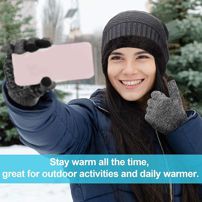 Winter Fleece Lined Beanie Hat Scarf Sock Touchscreen Gloves Set for Men Women