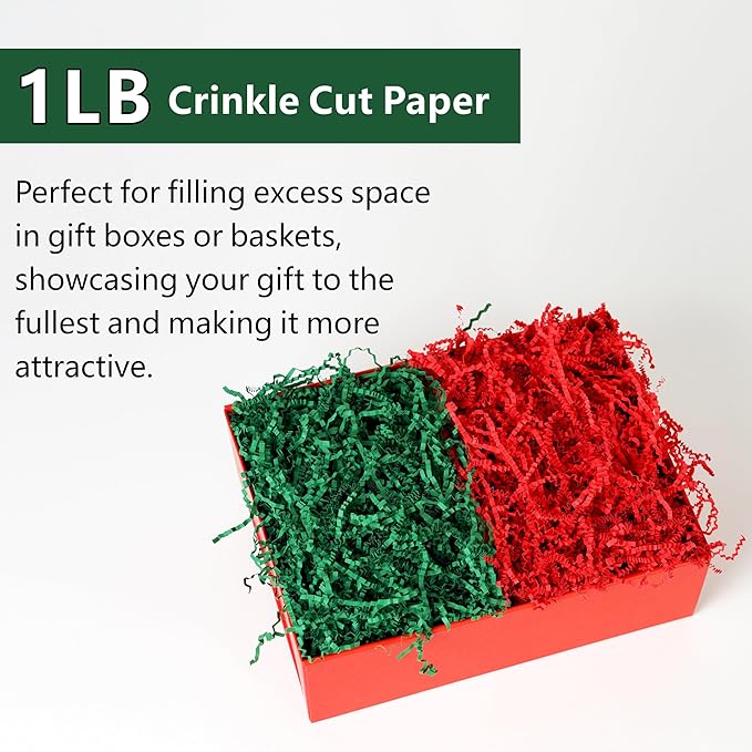 Bobobag 1LB Christmas Crinkle Cut Paper Shred Filler Recyclable Gift Wrap confetti Raffia Grass Shred Paper for Christmas Gift Wrapping Basket Filling Box Filling Party Decor (Red/Green)