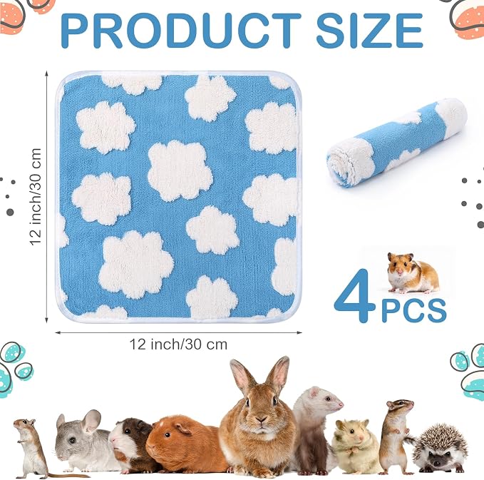 Reginary 4 Pcs Guinea Pig Fleece Blankets, White Clouds, 12 x 12 Inch | Waterproof Washable Cage Liners, Absorbent Double Layer Bedding for Guinea Pigs, Reusable Pads for Hamsters Rabbits