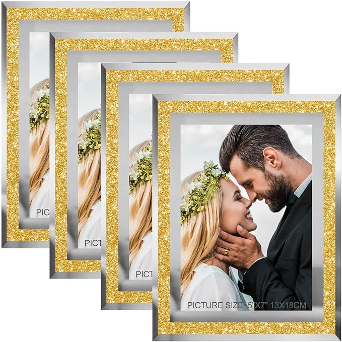 5x7 Picture Frames Gold - Set of 4, Sparkle Real Glass 5 by 7 Photo Frame with Silver Mirrored Edge, for Tabletop Display, Wedding Birthday Christmas Day Gifts (5 x 7, Glitter Gold)