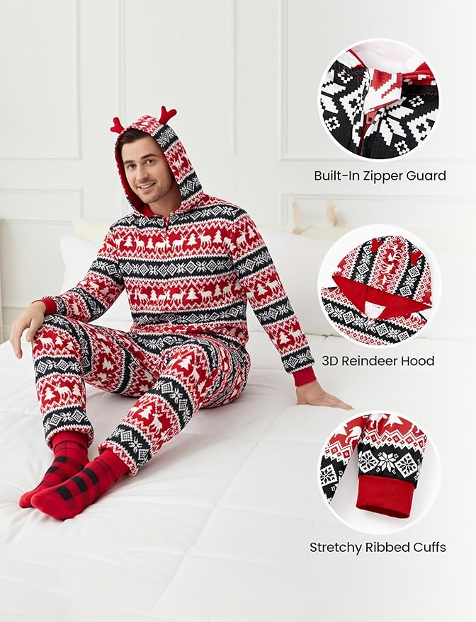 PATPAT Matching Family Christmas Onesie Pajamas – Holiday Hooded Jumpsuit Sleepwear PJs Couples Xmas Loungewear with Socks