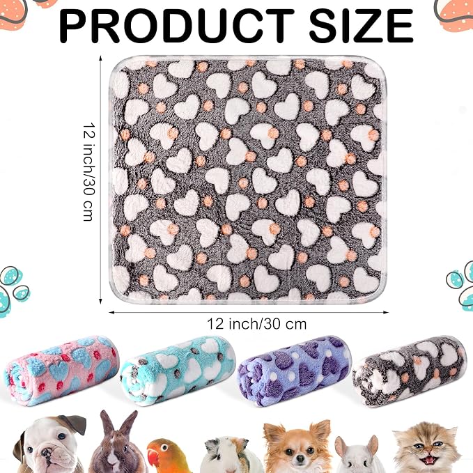 Reginary 4 Pcs Guinea Pig Fleece Blankets, Heart Pattern, 12 x 12 Inch | Waterproof Washable Cage Liners, Absorbent Double Layer Bedding for Guinea Pigs, Reusable Pads for Hamsters Rabbits