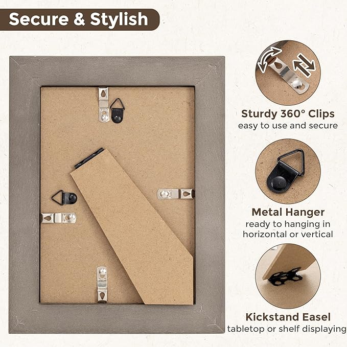 Fun Memories 5x7 Picture Frame with Mat for 4x6 Photo, Solid Elm Wood & Tempered Glass, Rustic Wall & Tabletop Display Frame, Grey, 1 Pack