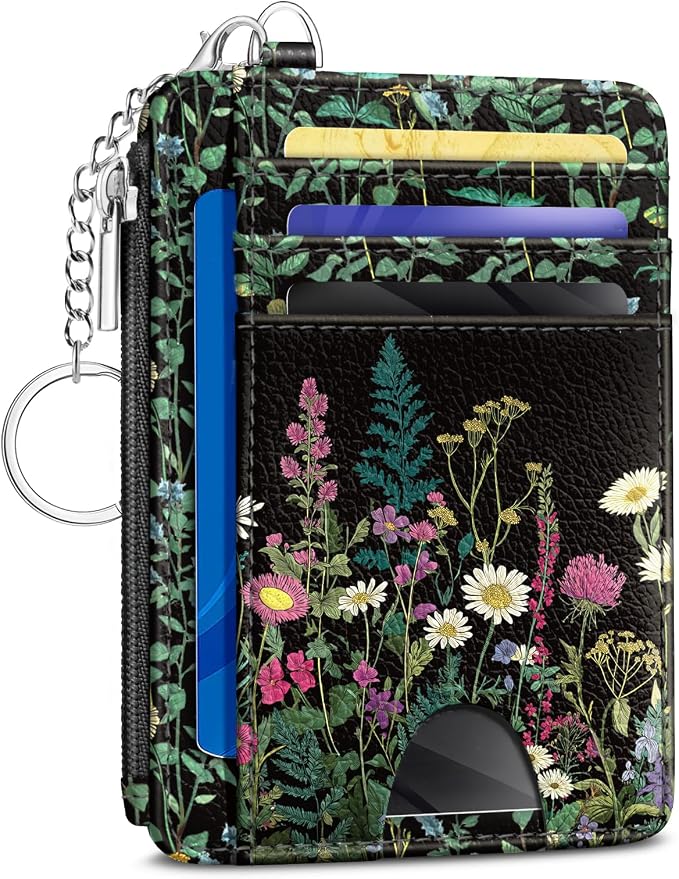 Kelvoris Credit Card Holder Small Wallet Women, Slim RFID, Wild Flowers | Keychain, Zipper Coin Pocket, Front Pocket Thin Travel Card Case, Minimalist, 6 Card Slots, 1 ID Window, Ladies Gifts Woman
