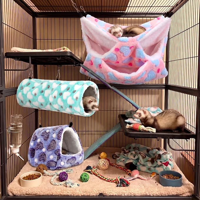 Abbylike 9 Pieces Rat Hammock 3 Tier Guinea Pig Ferret Hammocks Small Pet Hanging Tunnel Glider Toy Guinea Pig Ferret Hideout Bed Cage Accessories for Hamster(Green, Purple, Pink,Heart)