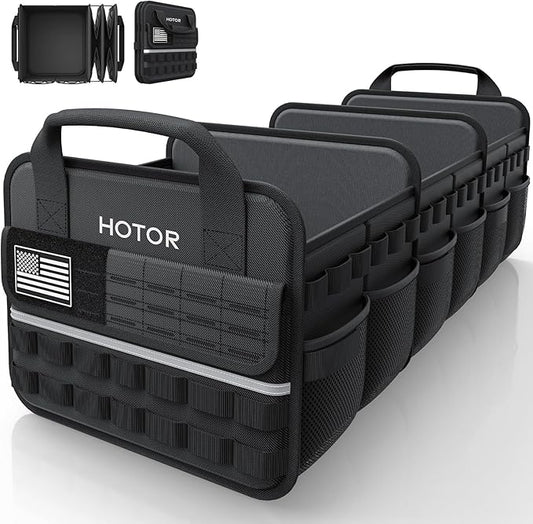 HOTOR Tactical Car Trunk Organizer - Foldable Trunk Organizer for SUV with Front MOLLE Pocket & Reflective Strips, Essential Car Accessories for Tools & Outdoor Storage, 12.8" x 32.3" x 11.0", Black