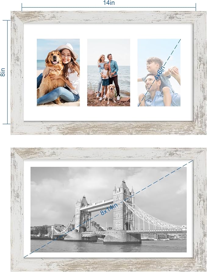 8x14 Picture Frame Set of 2, Distressed White Wood Frame with Glass Collage Frame, Display Pictures 3-4x6 With Mat or 8 x 14 Without Mat - Horizontal or Vertical Wall Mounting