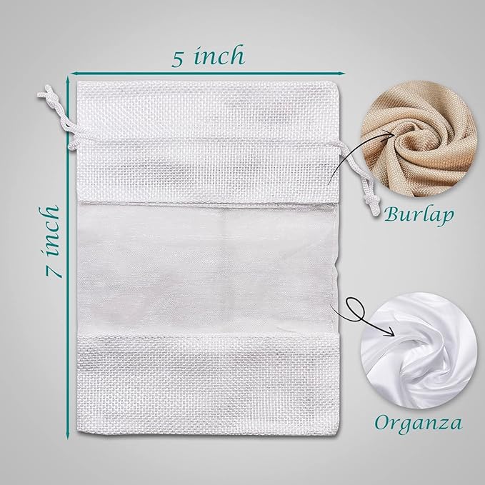 12-Pack Medium Linen Burlap & Organza Gift Bags w. Drawstrings (5x7 in, White) - Party Favors, Presents, Samples & Treats Mesh Pouch by The Display Guys