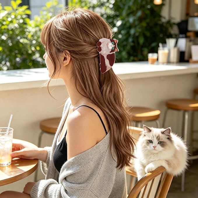 Fluffy Long Hair Cat Hair Claw Clips Animal Hair Clip Kitten Hair Barrettes | Lying Ragdoll Kitten Hair Jaw Clips Acrylic Grip Clips Brown Pet Cat Hair Accessories for Women Daily Holiday Party Styling