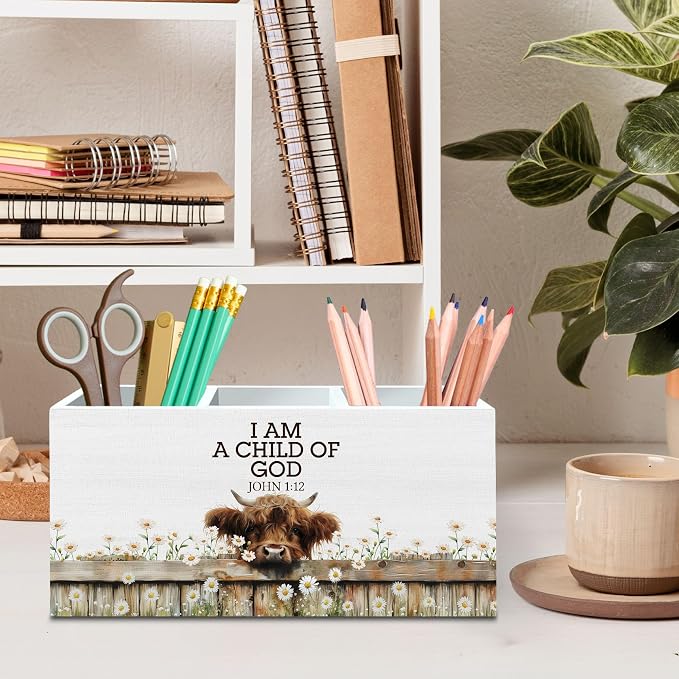 DILSJ Christian Highland Cow Pen Pencil Holder Organizer for Desk, Highland Cow Gifts for Women, I Am a Child of God Wooden Box Signs for Home Office Desk Tabletop Decoration