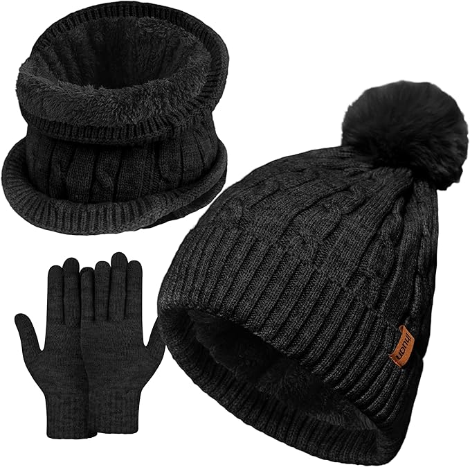 ihuan Winter Hat Scarf Gloves Warmer Christmas Gifts, Warm Knit Beanie Hat Touch Screen Gloves Set Neck Scarves for Women