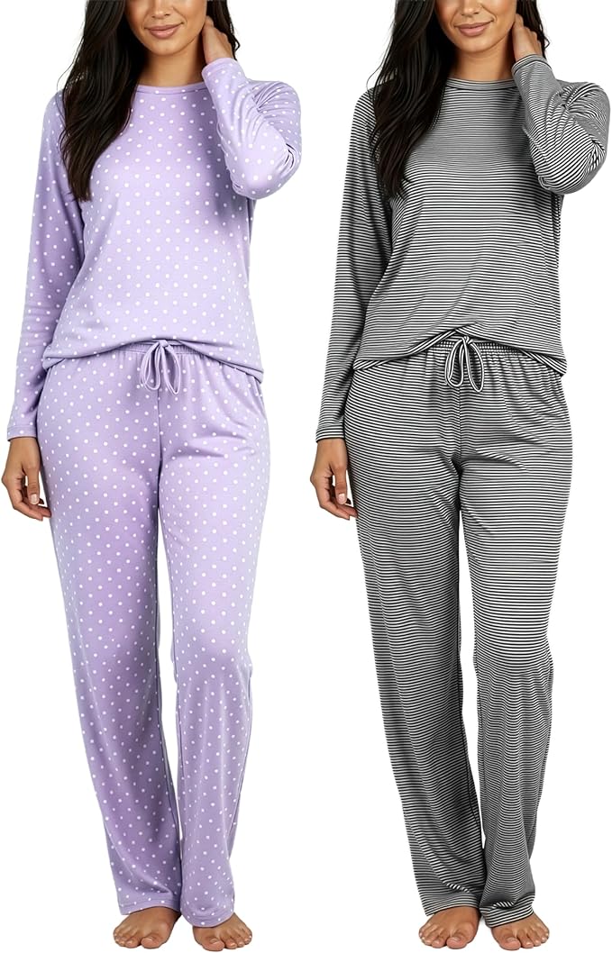 Real Essentials 2 Pack: Women's Comfy Pajama Sets - Short & Long Sleeve Ladies Loungewear Sleepwear PJs (Available In Plus)