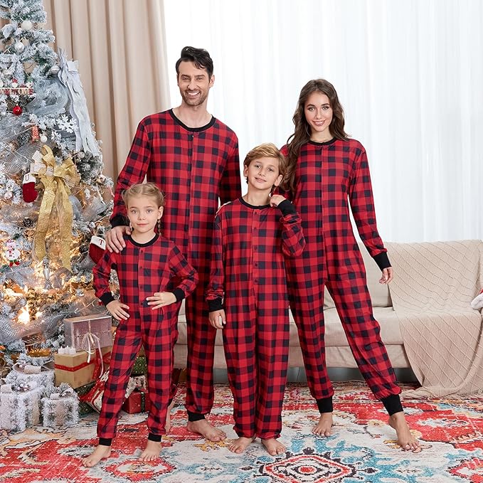 Matching Family Christmas Onesie Pajamas, Buffalo Plaid One-Piece Sleepwear Holiday Loungewear w Zipper