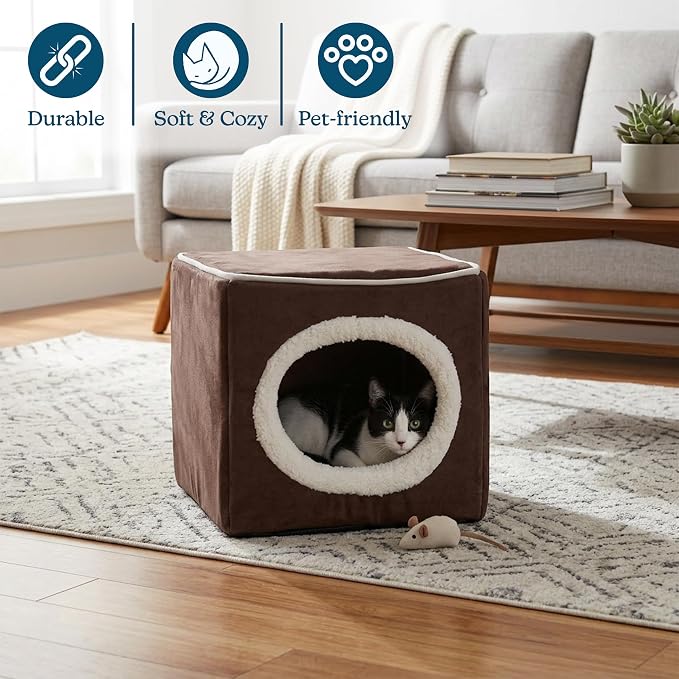 Cat House - Indoor Bed with Removable Foam Cushion - Cat Cave for Puppies, Rabbits, Guinea Pigs, and Other Small Animals by PETMAKER (Dark Brown) 13x13.5x12"