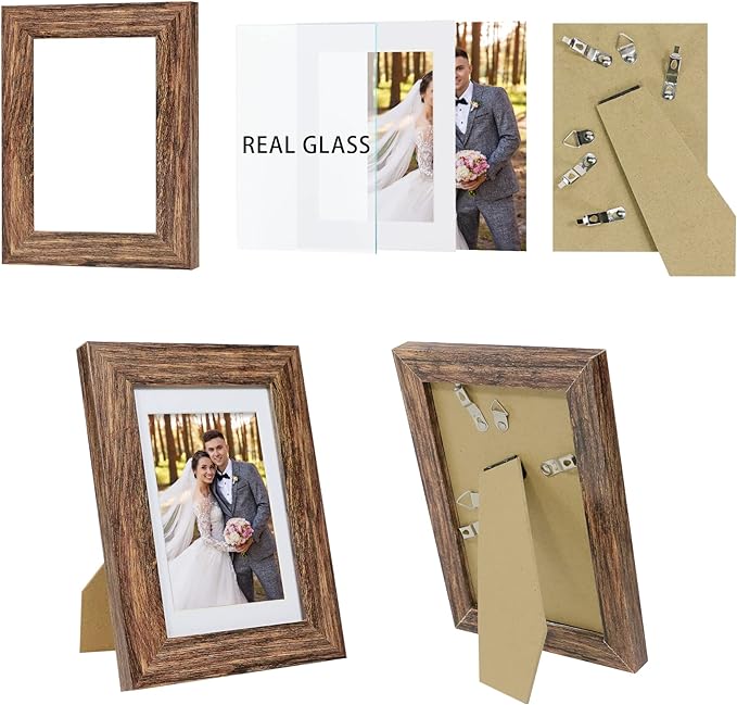 5x7 Picture Frame Set of 2, Made of Real Glass and Rustic Brown Wooden Frame - Display Pictures 4x6 with Mat or 5x7 Without Mat, 5 by 7 Photo Frame for Wall or Tabletop Display