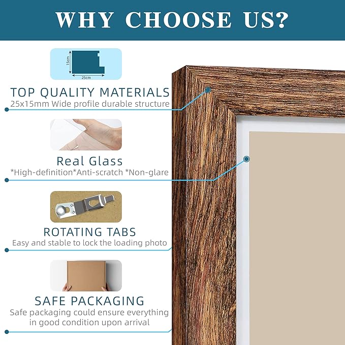 8x8 Picture Frames Set of 4, Made of Glass and Rustic Brown Wooden Frame - Display Picture 6x6 with Mat or 8 x 8 Without Mat, 8 by 8 Photo for Wall or Tabletop