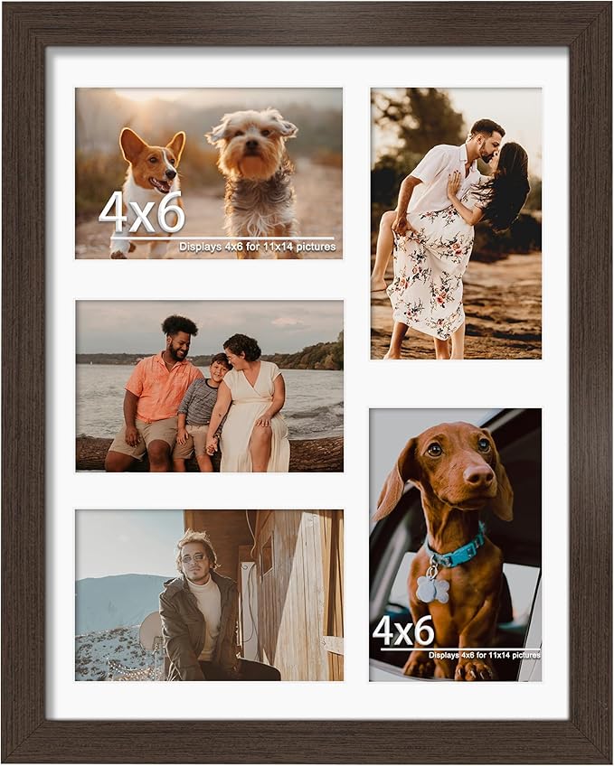 11x14 Collage Picture Frame, 4x6 Collage Picture Frame, Displays Five 4x6 inch Photos, or 11x14 (Without Mat) Wall Decor Wall Hanging or Tabletop, Walnut.