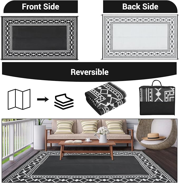 9x18 Large Outdoor Rug,Modern Bordered Plastic Straw Carpet,Waterproof Lightweight Outdoor Carpet,Easy Cleaning Folding Uv Resistant Picnic Camping Mat,Black/White
