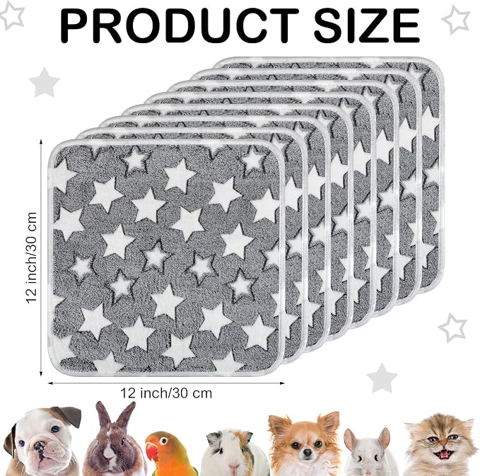 Tudomro 8 Pcs Guinea Pig Fleece Cage Liners, Grey Star, 12 x 12 Inch | Washable Reusable Small Animal Bedding, Absorbent Blankets for Ferret Chinchilla, Soft Fleece Mat Pads Protect Furniture