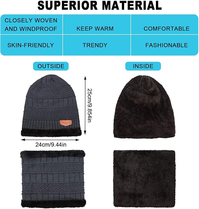 Winter Fleece Lined Beanie Hat Scarf Sock Touchscreen Gloves Set for Men Women