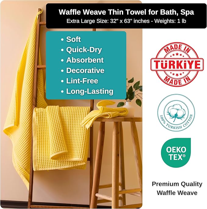 PÜSKÜL Premium Waffle Bath Towels Set of 2 - Organic 100% Turkish Cotton Bath Towel - Quick Dry, Absorbent, Light, Thin, 32x63 Large Waffle Towels for Bathroom (Yellow Bath Towels - Pack of 2)