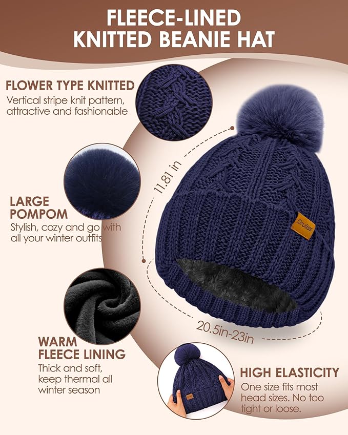 Womens Winter Beanie Hat Scarf Gloves Set, Fleece Lined Knitted Hat with Pompom Long Scarf Touchscreen Mittens for Women Men