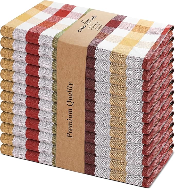 Urban Villa Cotton Dinner Napkins Set of 6, Highly Absorbent 20x20 Inches Premium Cloth Napkins Hotel Quality Reusable & Washable Table Dinner Napkins for Home & Weddings - Harvest, Checks
