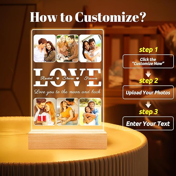 Personalized Picture Frames with Photo, Custom Photo Frame with Night Light, Personalized Photo Gifts, Customized Christmas Anniversary Couples Gifts for Women Men Girlfriend Boyfriend Her Him
