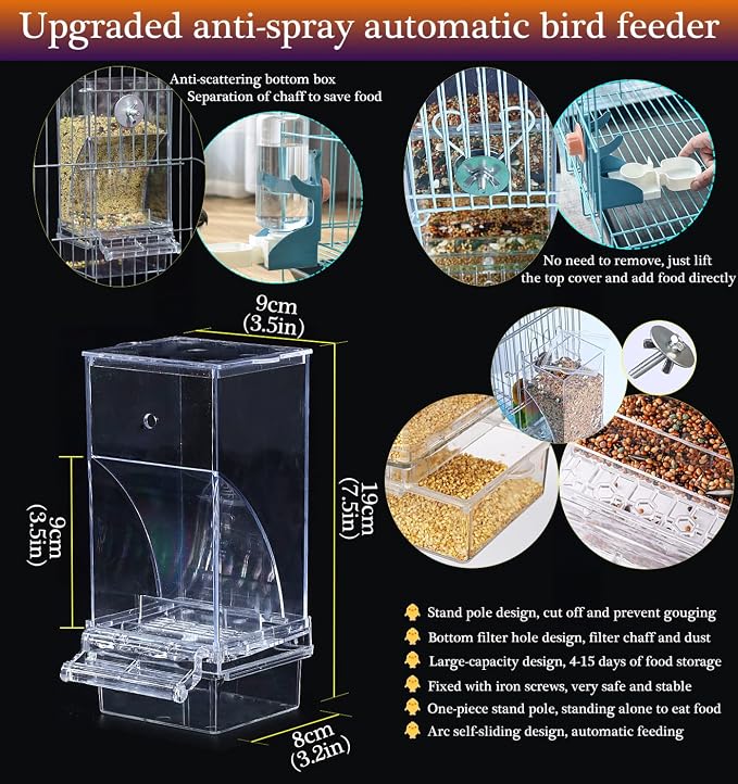 Kenond No Mess Bird Feeders Water Dispenser Set，Automatic Feeders for Cage | Automatic Parrot Feeder Cage Accessories, Clear Seed Container Food Drinker for Cage, for Cockatiel Lovebirds Budgies Canary