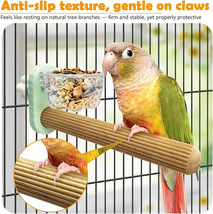Kathson 3Pcs Bird Perch Feeding Cup Natural Wood Perches with Removable Bird Feeder for Cage Parrot Stand for Parakeets, Budgies, Cockatiels,Parrots, Birds Chewing Stick (Green)