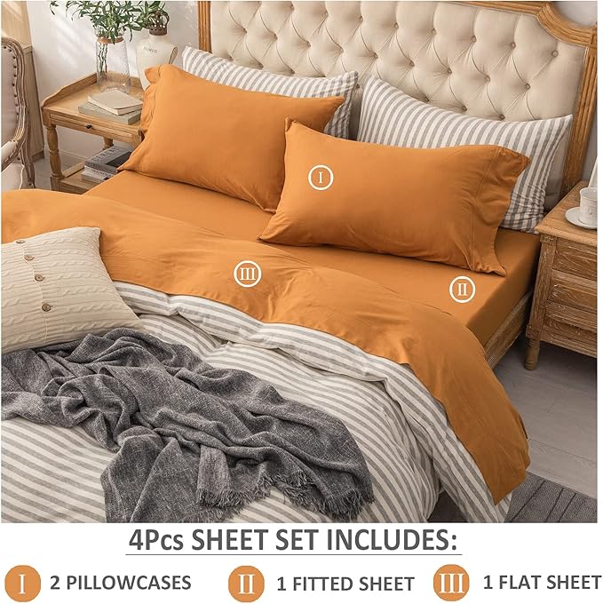 PURE ERA Jersey Knit 4pc Bed Sheet Set 100% T-Shirt Heather Cotton Super Soft Comfy Breathable Fits Mattress Up to 20" Extra Deep Pocket (Solid Burnt Orange, Full)