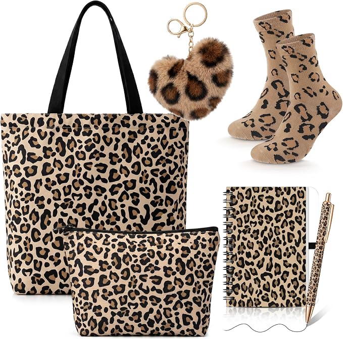 Talltalk 6 Pcs Leopard Gifts for Women Leopard Print Gift Set, Socks Canvas Bag Makeup Bag Spiral Notebook Ballpoint Pen and Artificial Fur Keychain for Christmas Birthday Graduation Thanksgiving