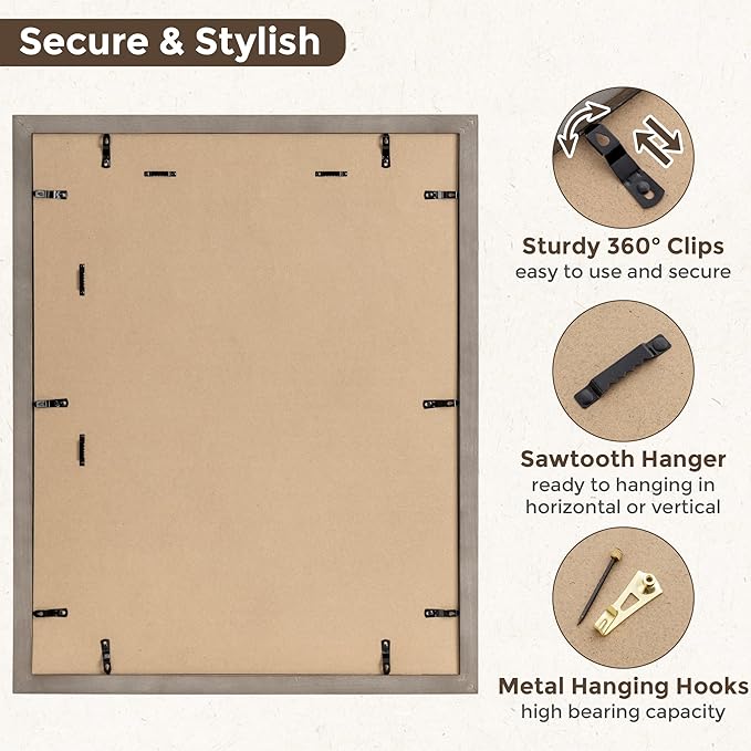 22x28 Picture Frame, Solid Elm Wood Picture Frame with Real Glass, Large Rustic Poster Frame 22"x28", matted to 18x24, 22 by 28 Wooden Frame for Vertical & Horizontal Wall Hanging, Grey, 1 Pack