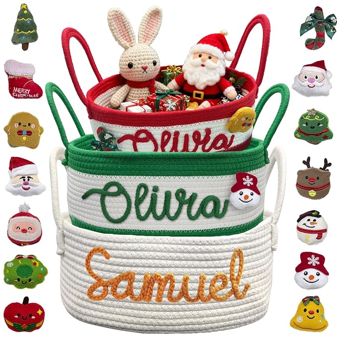 Personalized Christmas Basket with Name Custom Baby Shower Baskets for Newborn Girls Boys Customized Rope Cotton Storage Organizer Gifts