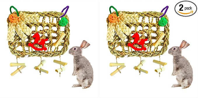Rabbits Chew Toy,Bunny Cage Hanging Chew Toys and Treats,Grass with Sweet Bamboo for Guinea Pigs Chinchillas Hamsters Rats (Pack of 2)