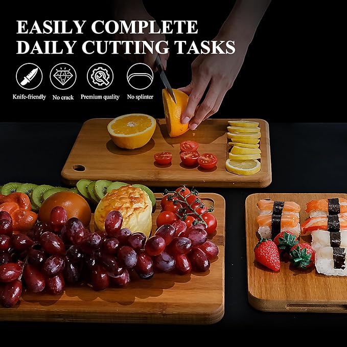 Bamboo Cutting Board Set of 3 for Kitchen, Chopping Boards with Juice Groove & Built-in Handles, Perfect for Meat, Vegetables, Fruits, Kitchen Gift for Home Cooks & Chef, Dark Brown